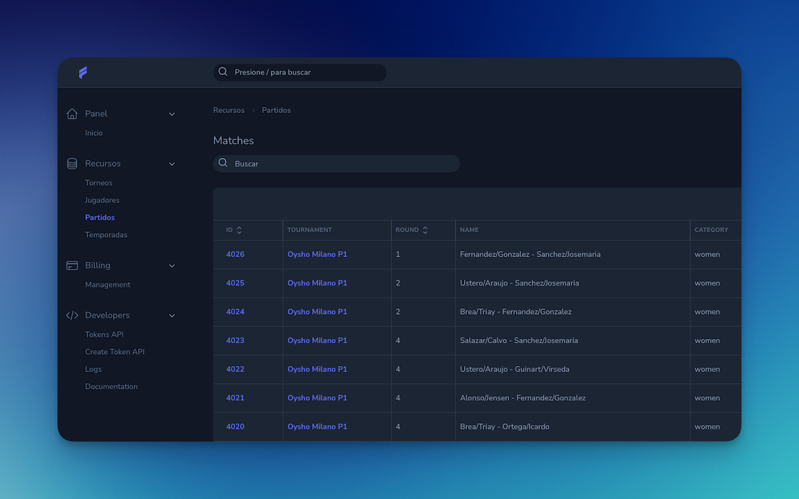 Padel API Explorer UI preview